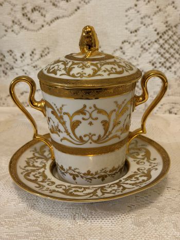 Rare Le Tallec Paris covered cup and saucer featuring two handles Rare Le Tallec Paris covered cup and saucer featuring two handles