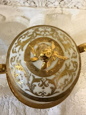 Rare Le Tallec Paris covered cup and saucer featuring two handles Rare Le Tallec Paris covered cup and saucer featuring two handles