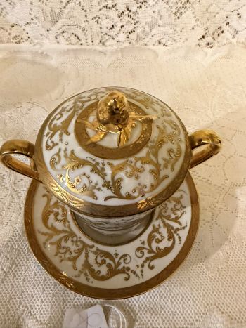 Rare Le Tallec Paris covered cup and saucer featuring two handles Rare Le Tallec Paris covered cup and saucer featuring two handles