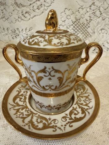 Rare Le Tallec Paris covered cup and saucer featuring two handles Rare Le Tallec Paris covered cup and saucer featuring two handles