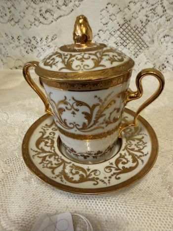 Rare Le Tallec Paris covered cup and saucer featuring two handles Rare Le Tallec Paris covered cup and saucer featuring two handles
