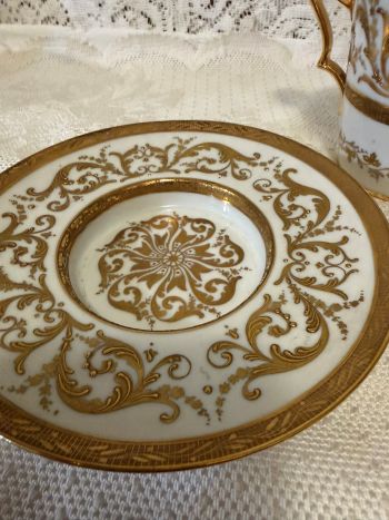 Rare Le Tallec Paris covered cup and saucer featuring two handles Rare Le Tallec Paris covered cup and saucer featuring two handles