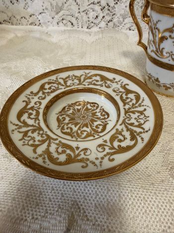 Rare Le Tallec Paris covered cup and saucer featuring two handles Rare Le Tallec Paris covered cup and saucer featuring two handles