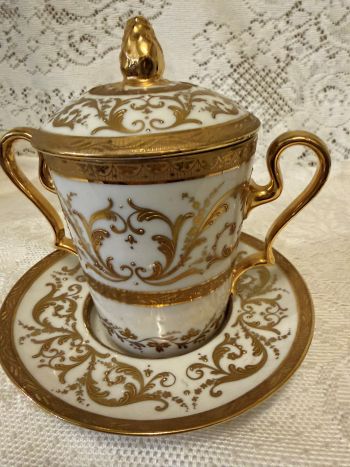 Rare Le Tallec Paris covered cup and saucer featuring two handles Rare Le Tallec Paris covered cup and saucer featuring two handles